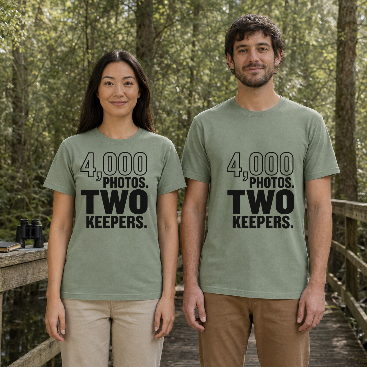 Female and male models wearing the 4,000 Photos Two Keepers Bird Photography Tee in Bay, with the artwork centered on both shirts