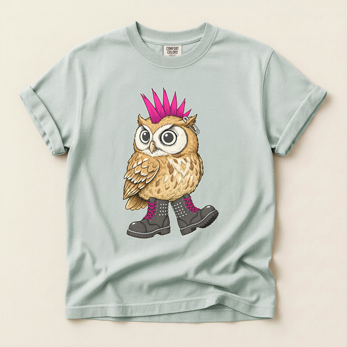 Punk Owl Boots T-Shirt in Bay laid beside field gear