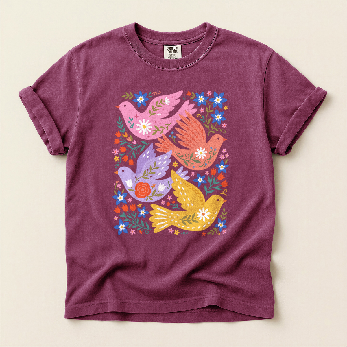 Folk Floral Birds - Berry
