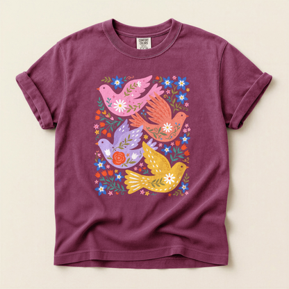 Folk Floral Birds - Berry