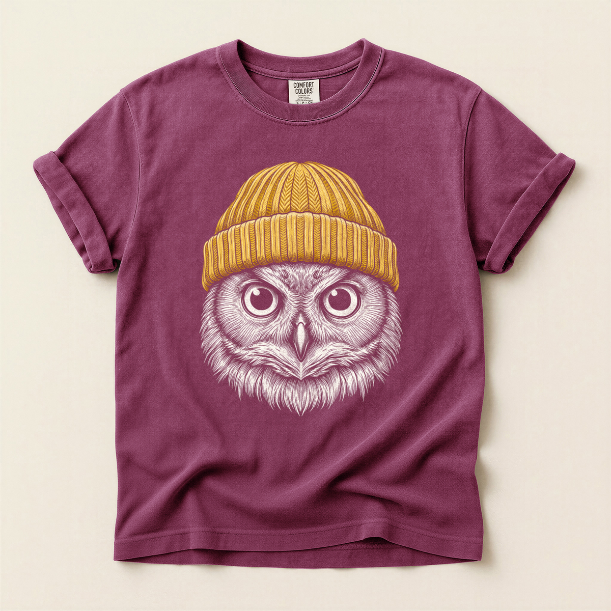 Owl Yellow Beanie - Berry
