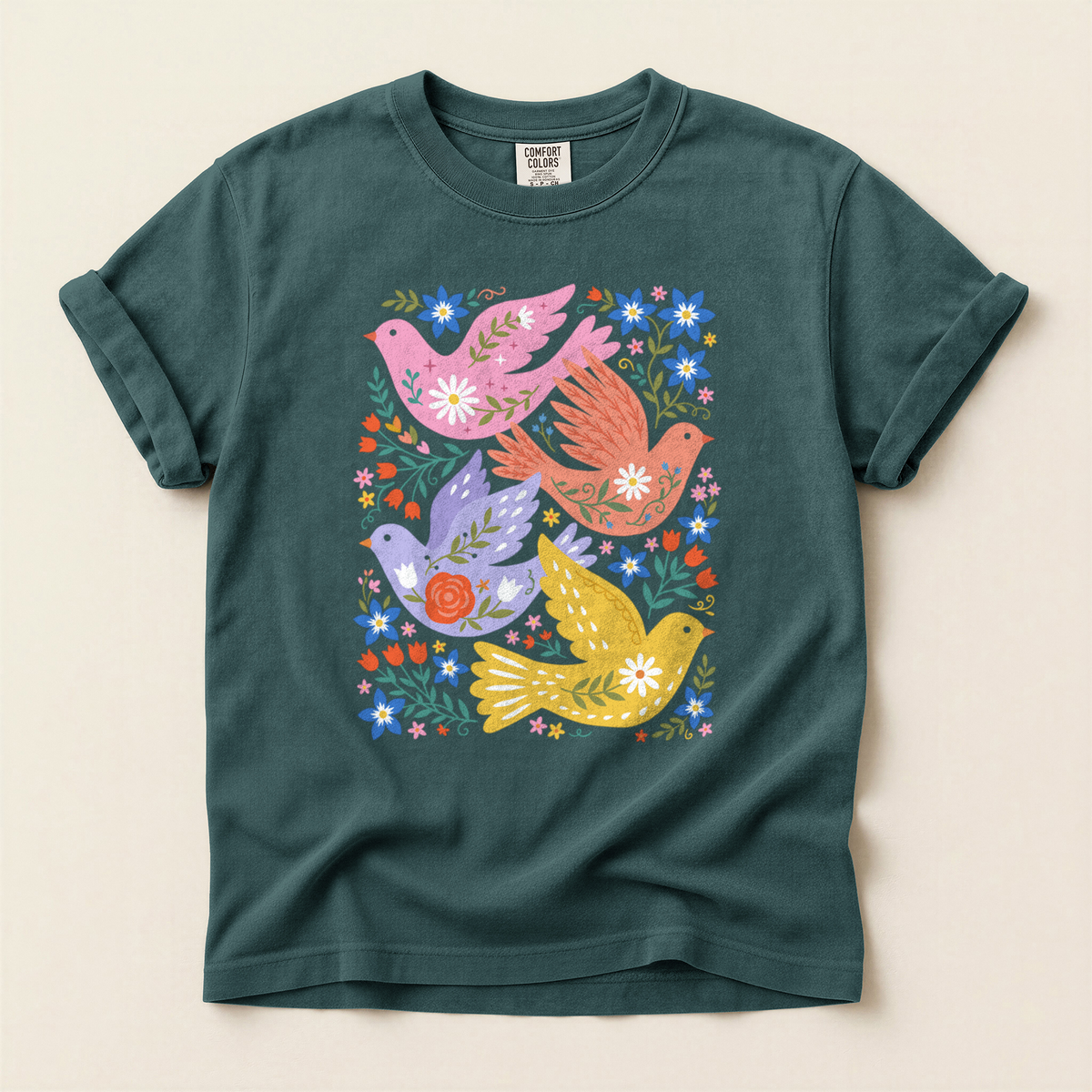 Folk Floral Birds - Blue Spruce