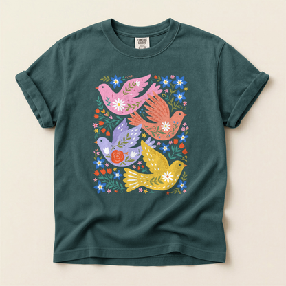 Folk Floral Birds - Blue Spruce