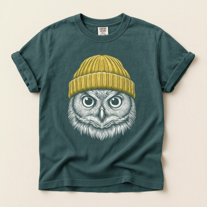 Owl Yellow Beanie - Blue Spruce