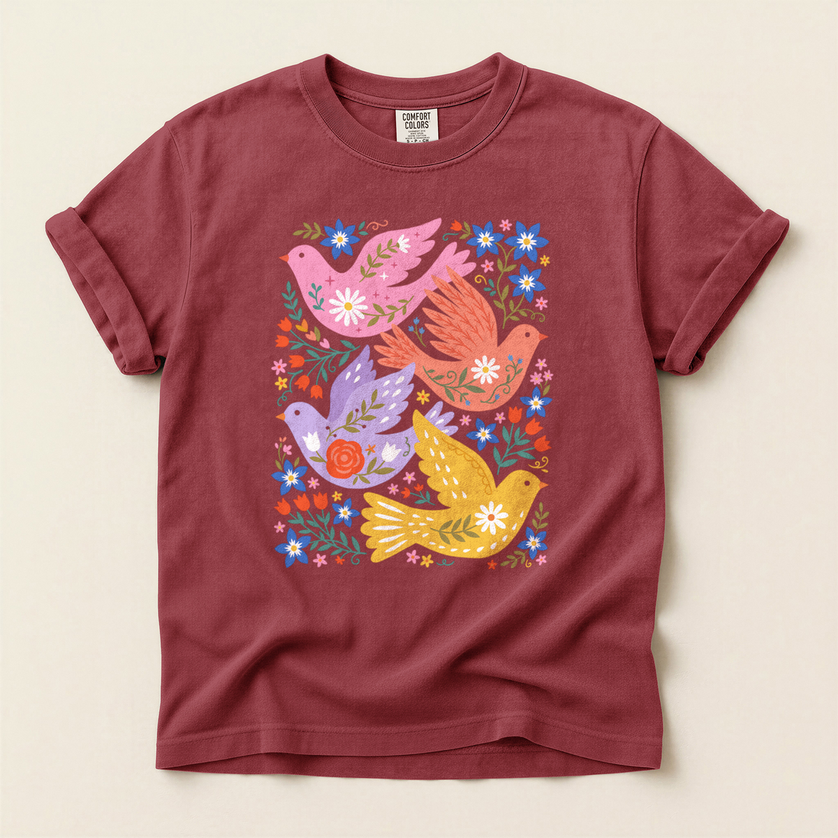 Folk Floral Birds - Brick