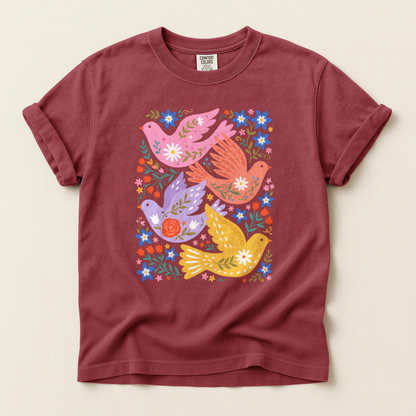 Folk Floral Birds - Brick