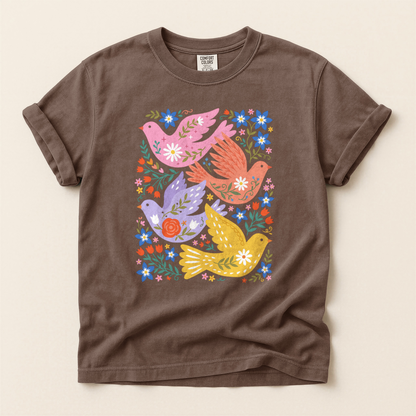 Folk Floral Birds - Espresso