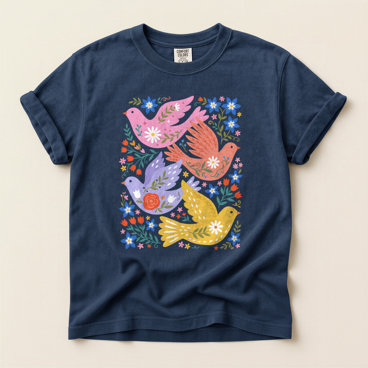 Folk Floral Birds - Navy