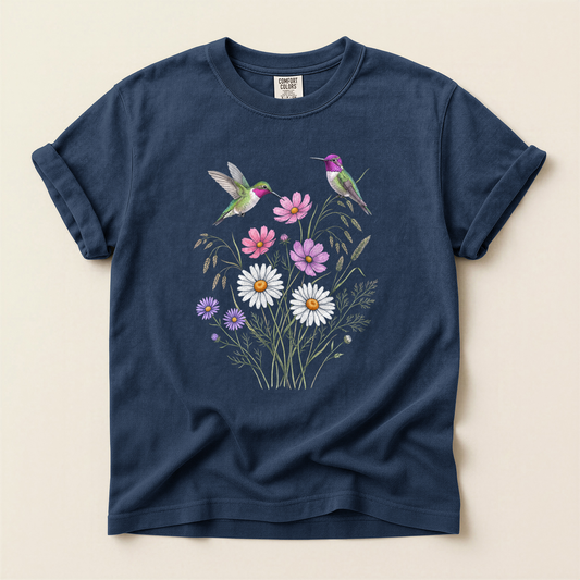 Hummingbirds Wild Daisies - Navy