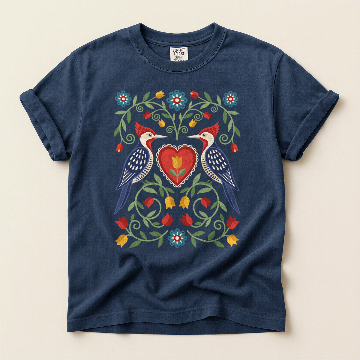 Folk Woodpecker Heart - Navy