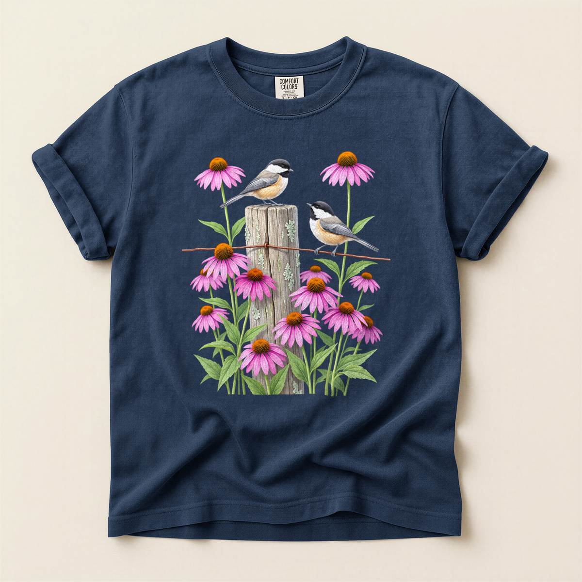 Chickadees And Coneflowers - Navy