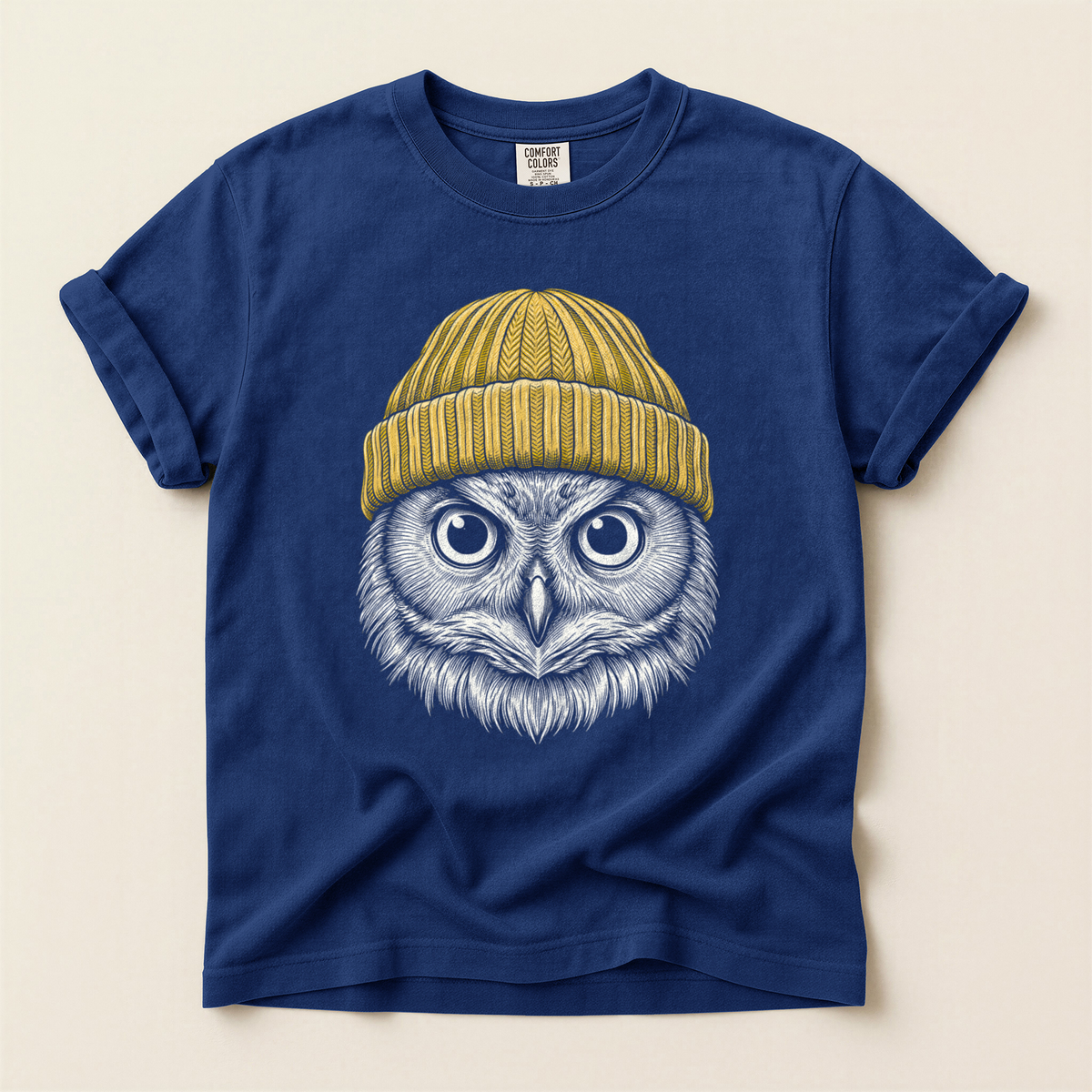 Owl Yellow Beanie - True Navy