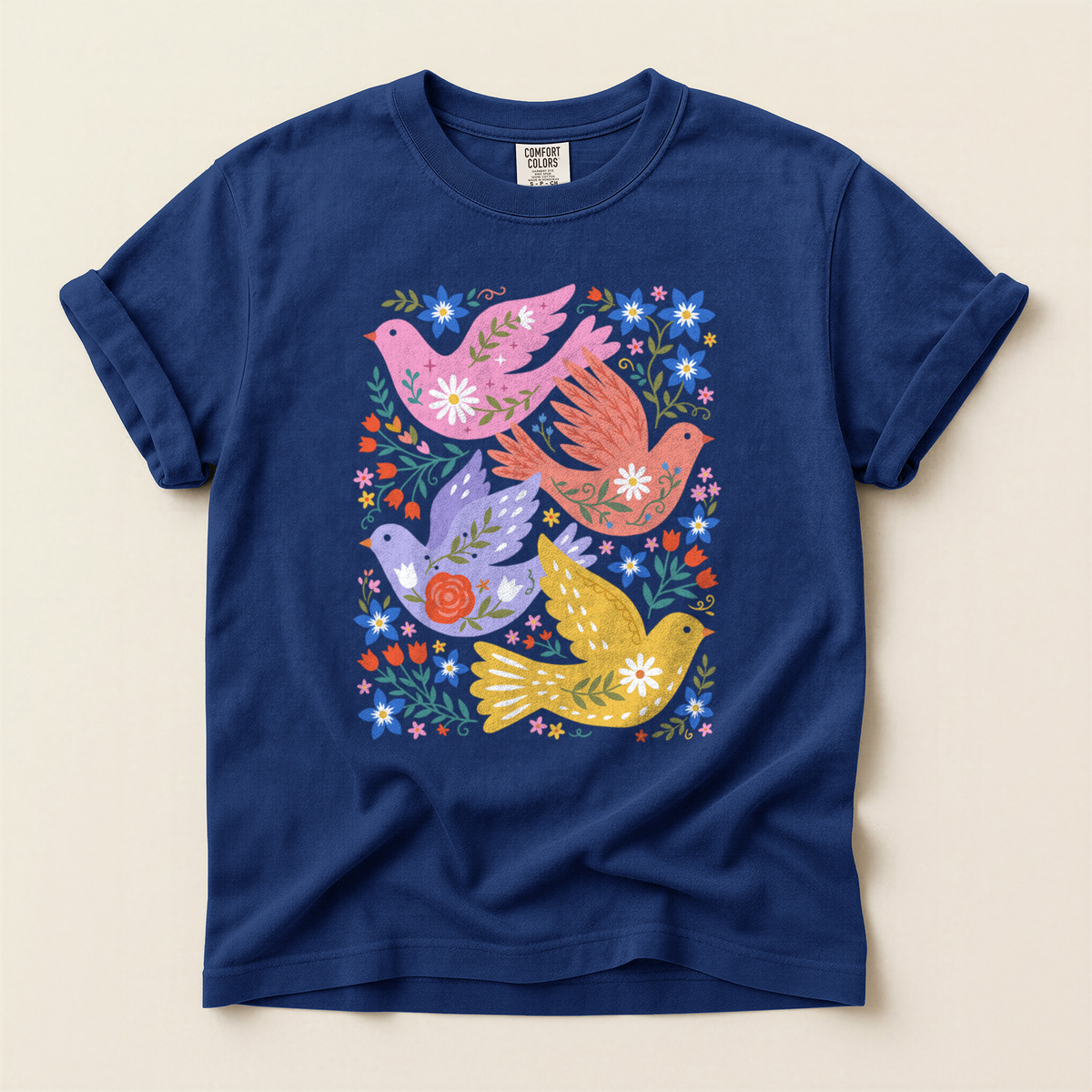 Folk Floral Birds - True Navy