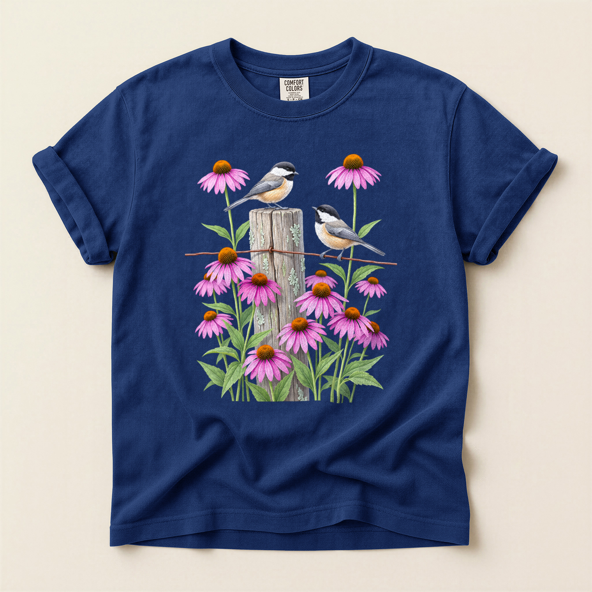 Chickadees And Coneflowers - True Navy