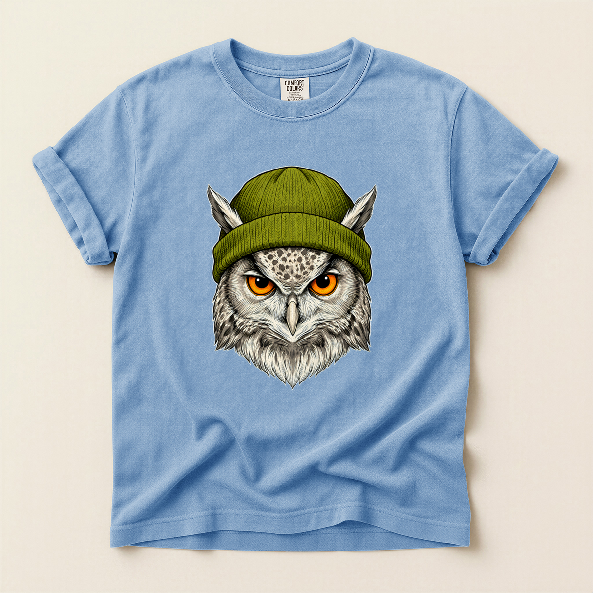 Owl Green Beanie - Washed Denim
