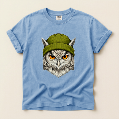 Owl Green Beanie - Washed Denim