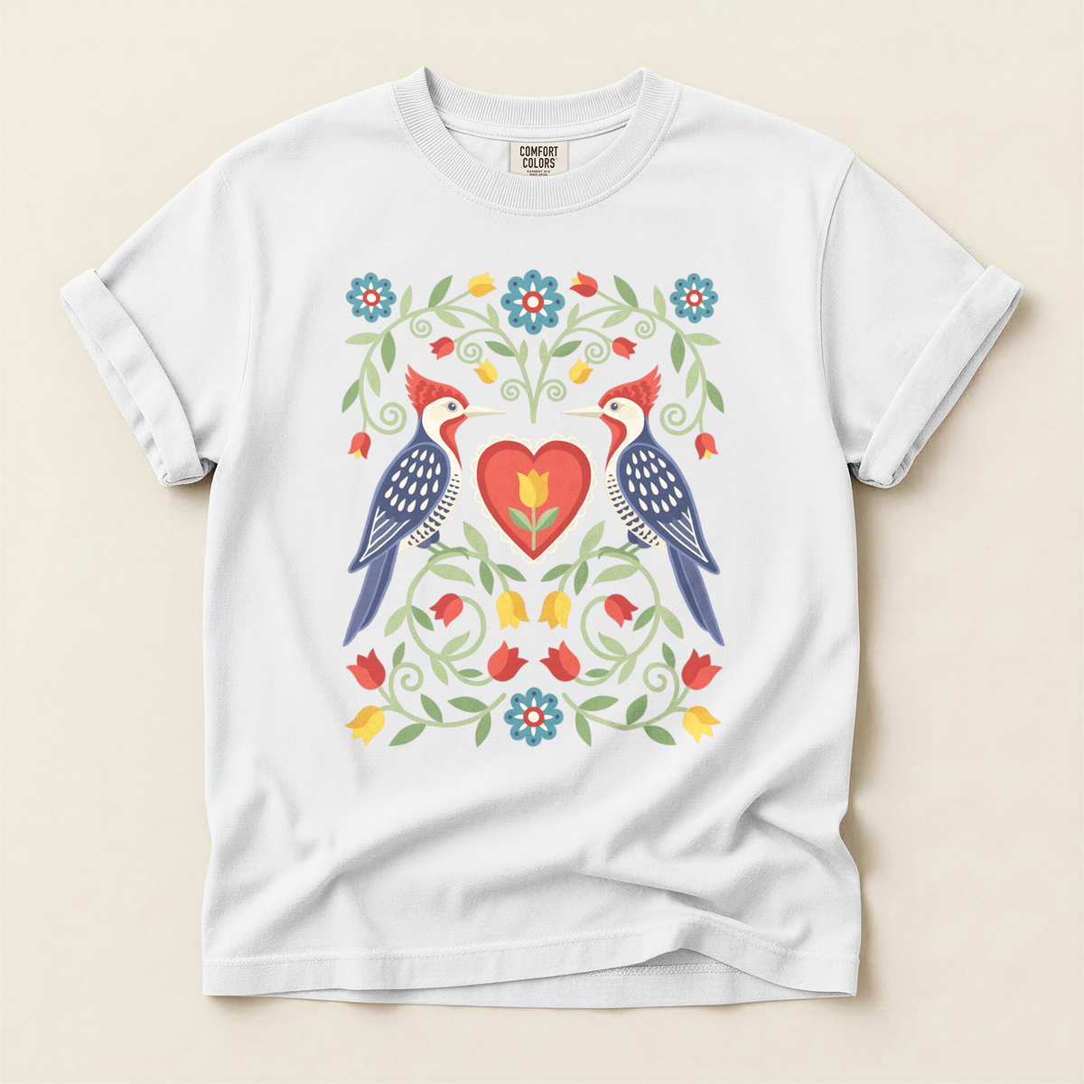 Folk Woodpecker Heart - White