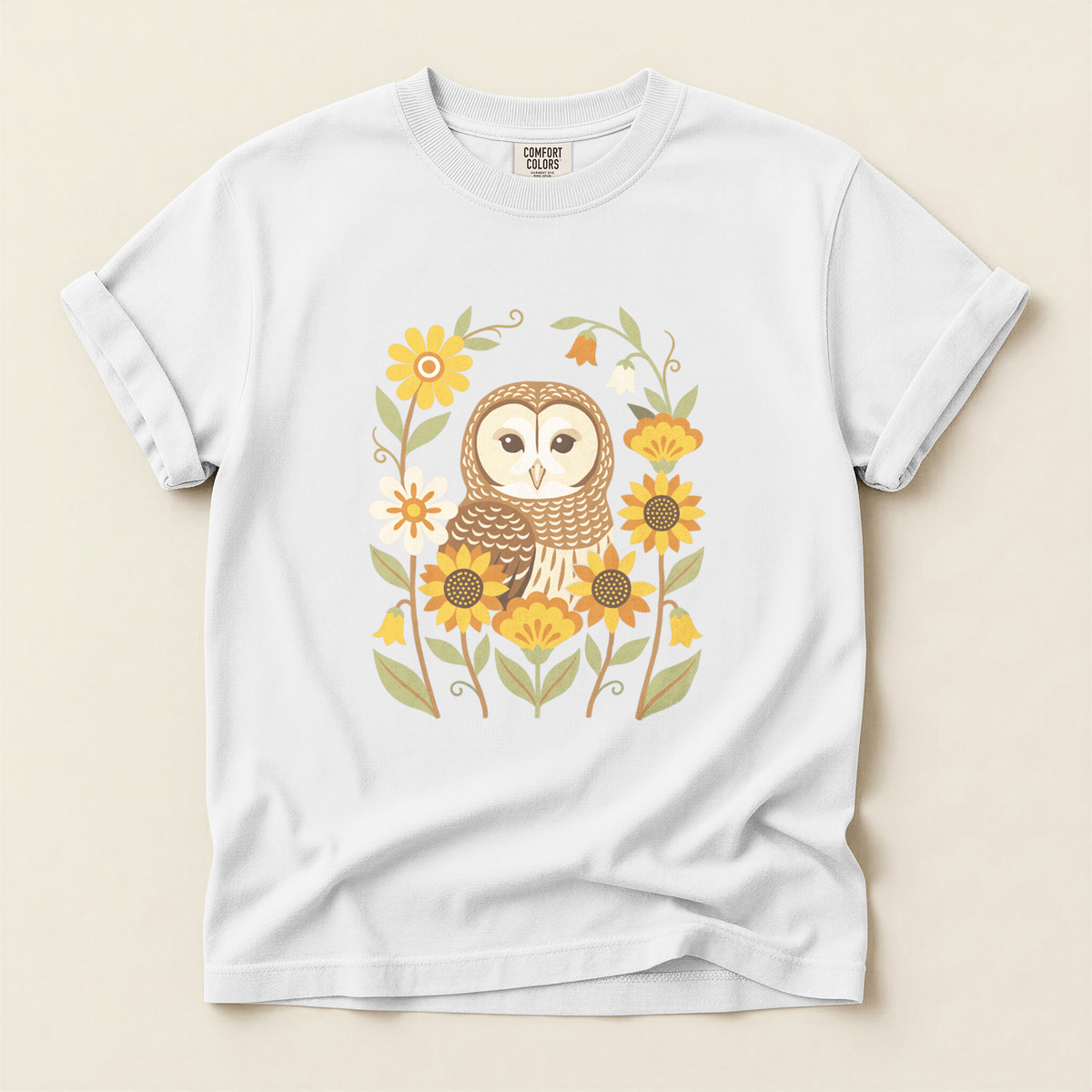 Folk Owl Sunflowers - White