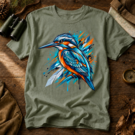 Abstract Kingfisher Splash Tee in Bay, centered front design on a birdwatching flat-lay mockup