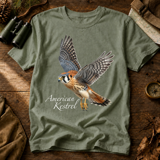 American Kestrel in Flight Tee in Bay, centered front design on a birdwatching flat-lay mockup