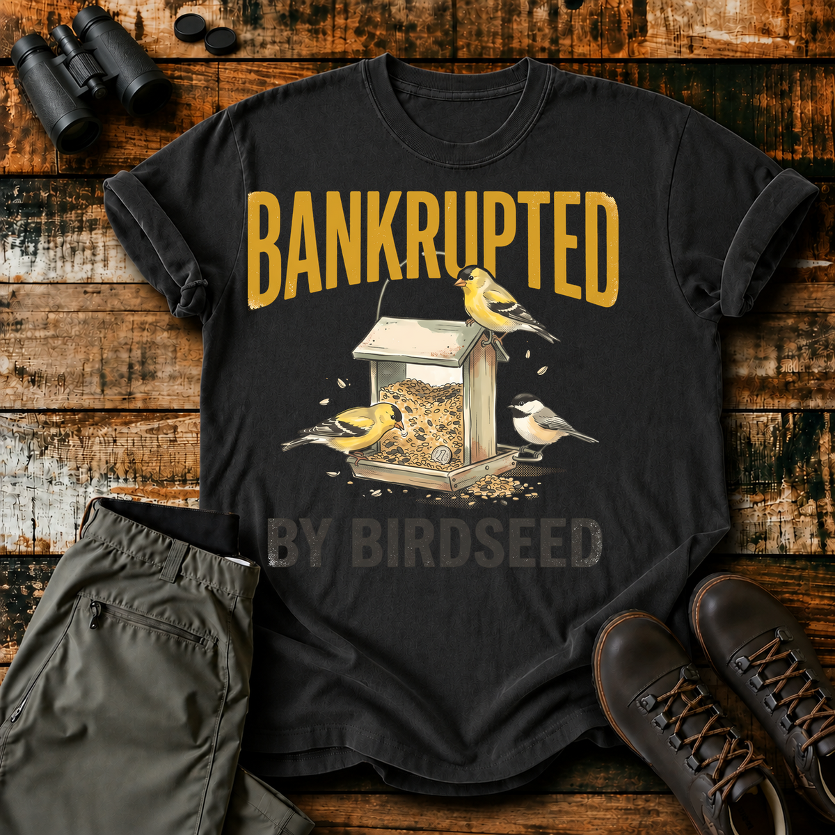 Bankrupted by Birdseed Backyard Birds Tee in Black, centered front design on a birdwatching flat-lay mockup