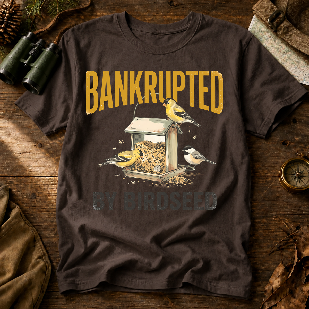 Bankrupted by Birdseed Backyard Birds Tee in Espresso, centered front design on a birdwatching flat-lay mockup