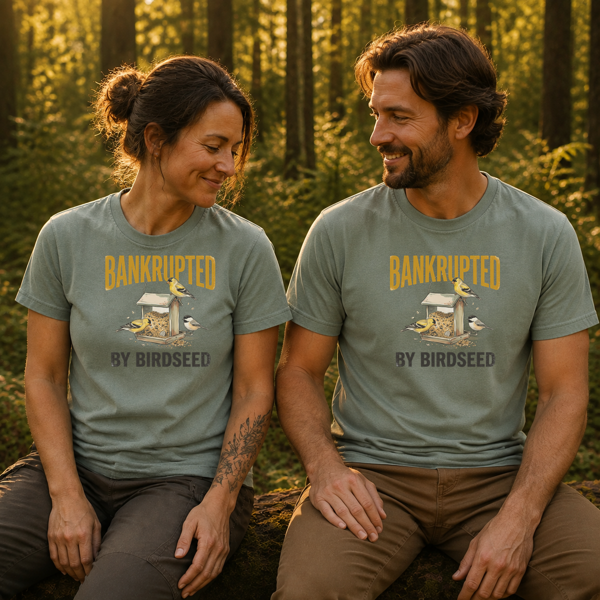 Female and male models wearing the Bankrupted by Birdseed Backyard Birds Tee in Bay, with the artwork centered on both shirts