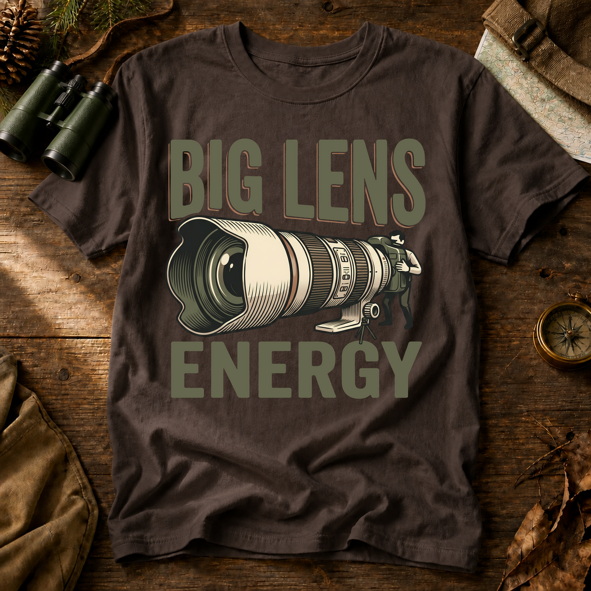 Big Lens Energy Bird Photography Tee in Espresso, centered front design on a birdwatching flat-lay mockup