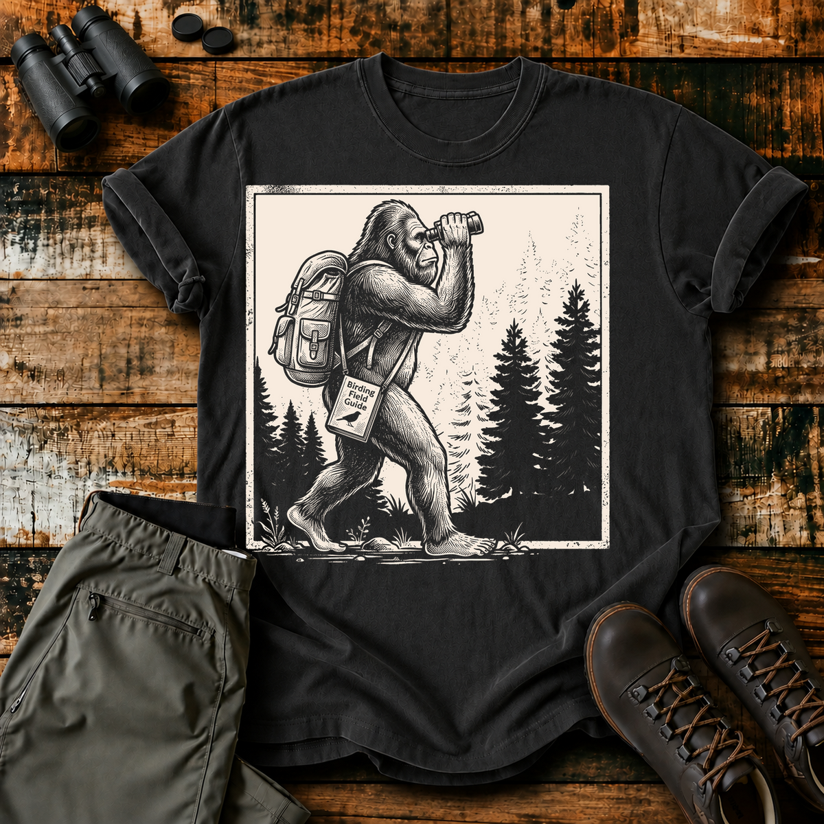 Bigfoot Birdwatching Field Guide Tee in Black, centered front design on a birdwatching flat-lay mockup