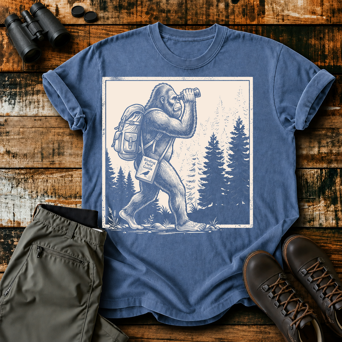 Bigfoot Birdwatching Field Guide Tee in Blue Jean, centered front design on a birdwatching flat-lay mockup
