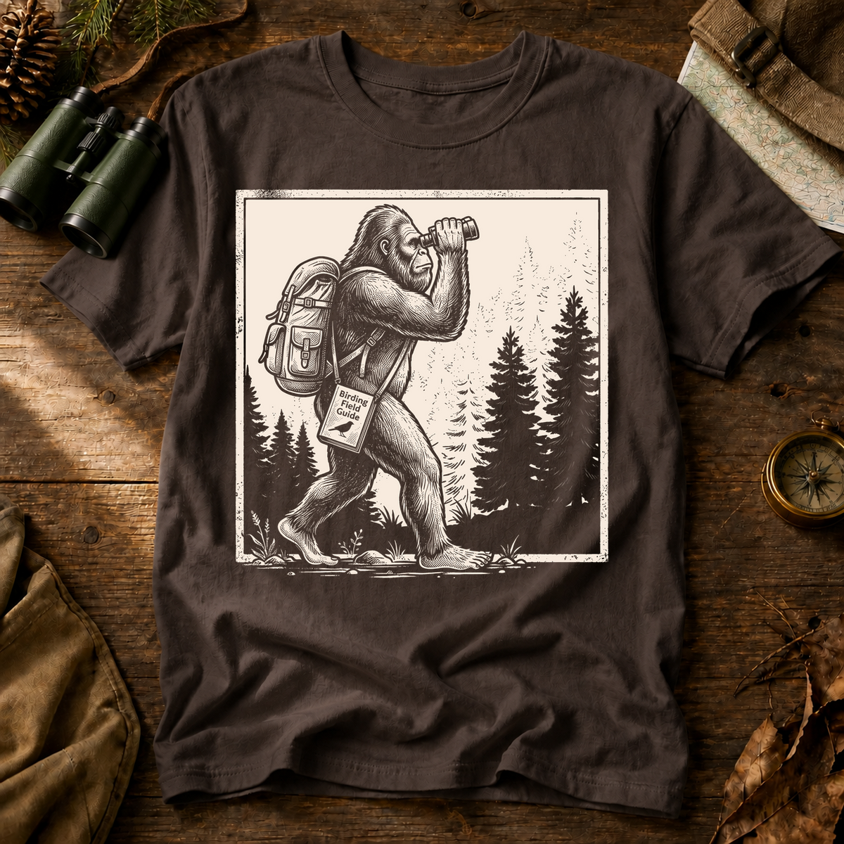 Bigfoot Birdwatching Field Guide Tee in Espresso, centered front design on a birdwatching flat-lay mockup