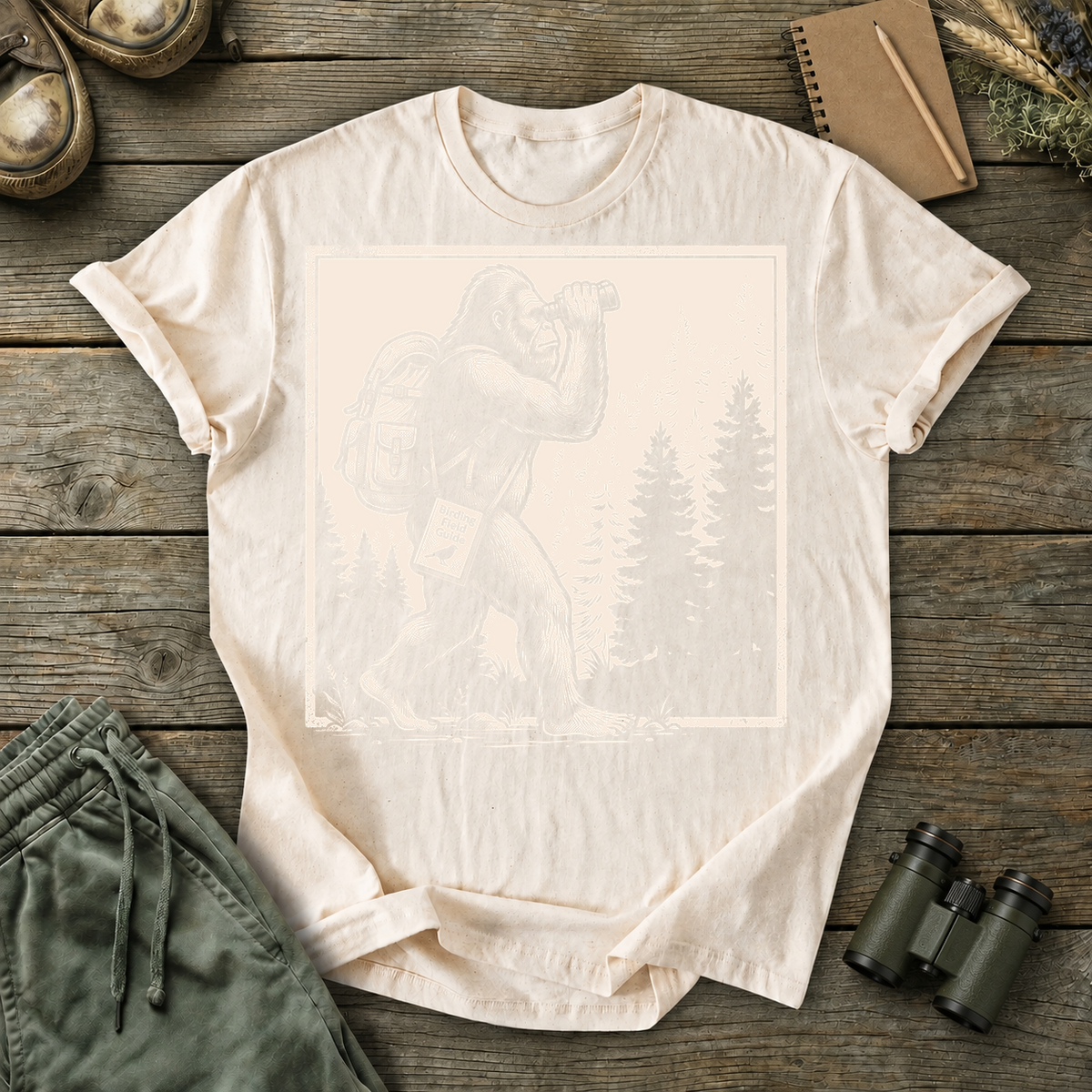 Bigfoot Birdwatching Field Guide Tee in Ivory, centered front design on a birdwatching flat-lay mockup