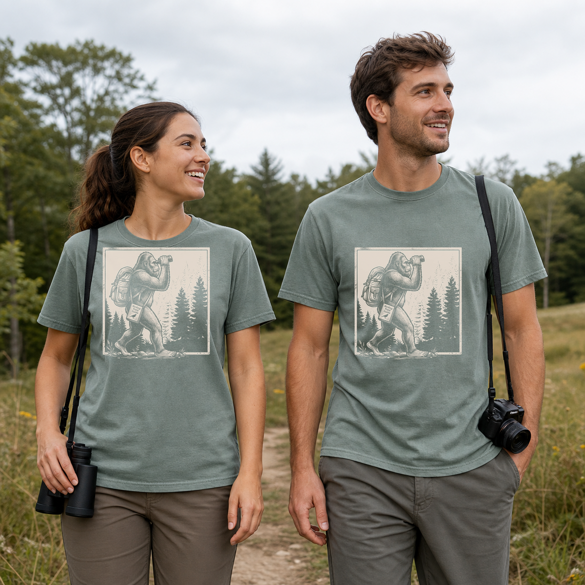 Female and male models wearing the Bigfoot Birdwatching Field Guide Tee in Bay, with the artwork centered on both shirts