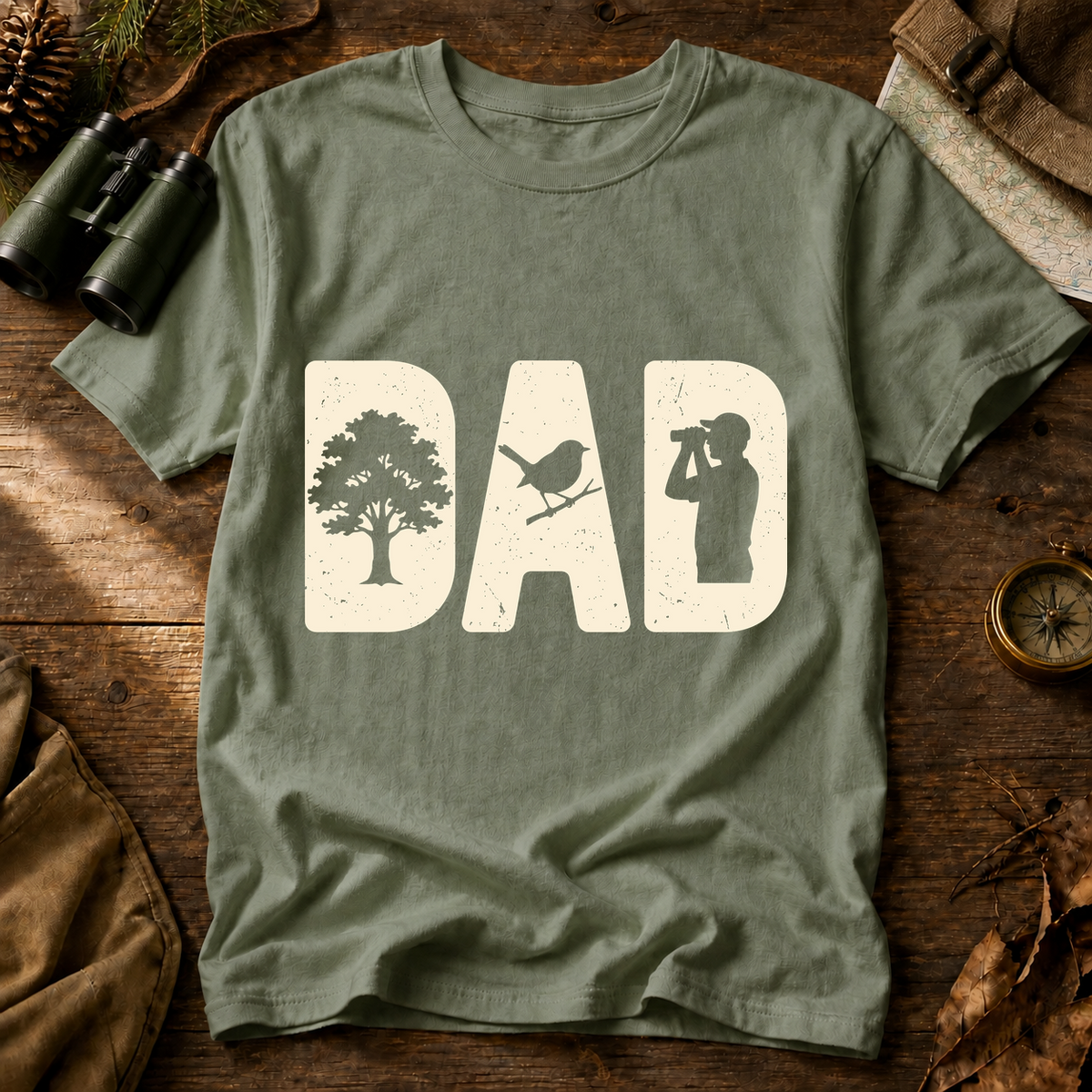Bird Dad Silhouette Tee in Bay, centered front design on a birdwatching flat-lay mockup
