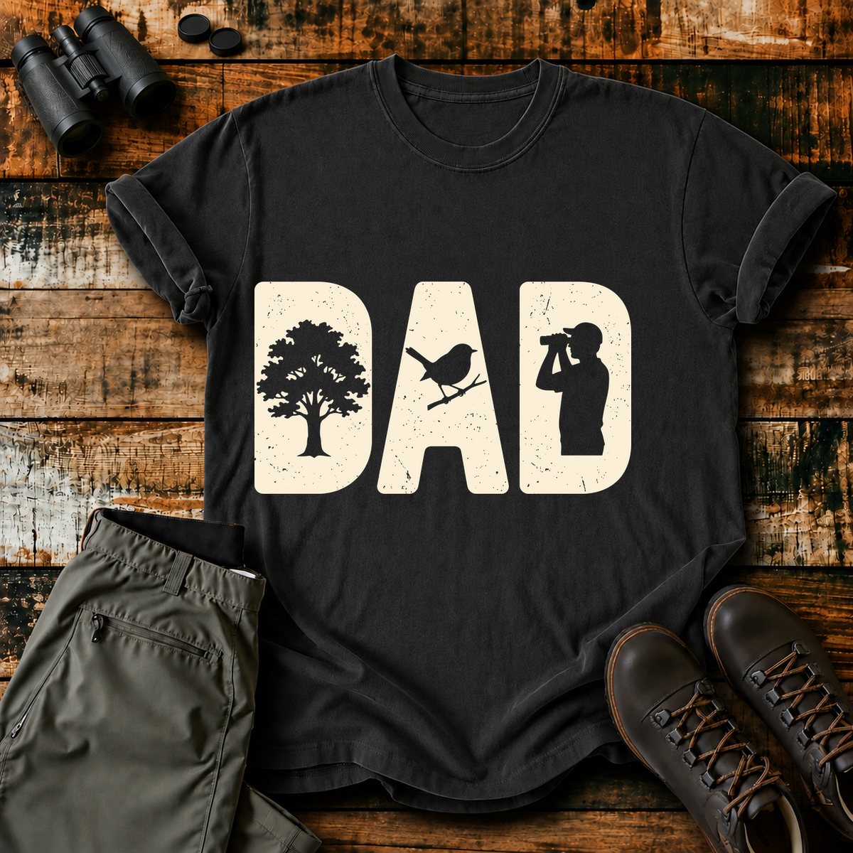 Bird Dad Silhouette Tee in Black, centered front design on a birdwatching flat-lay mockup