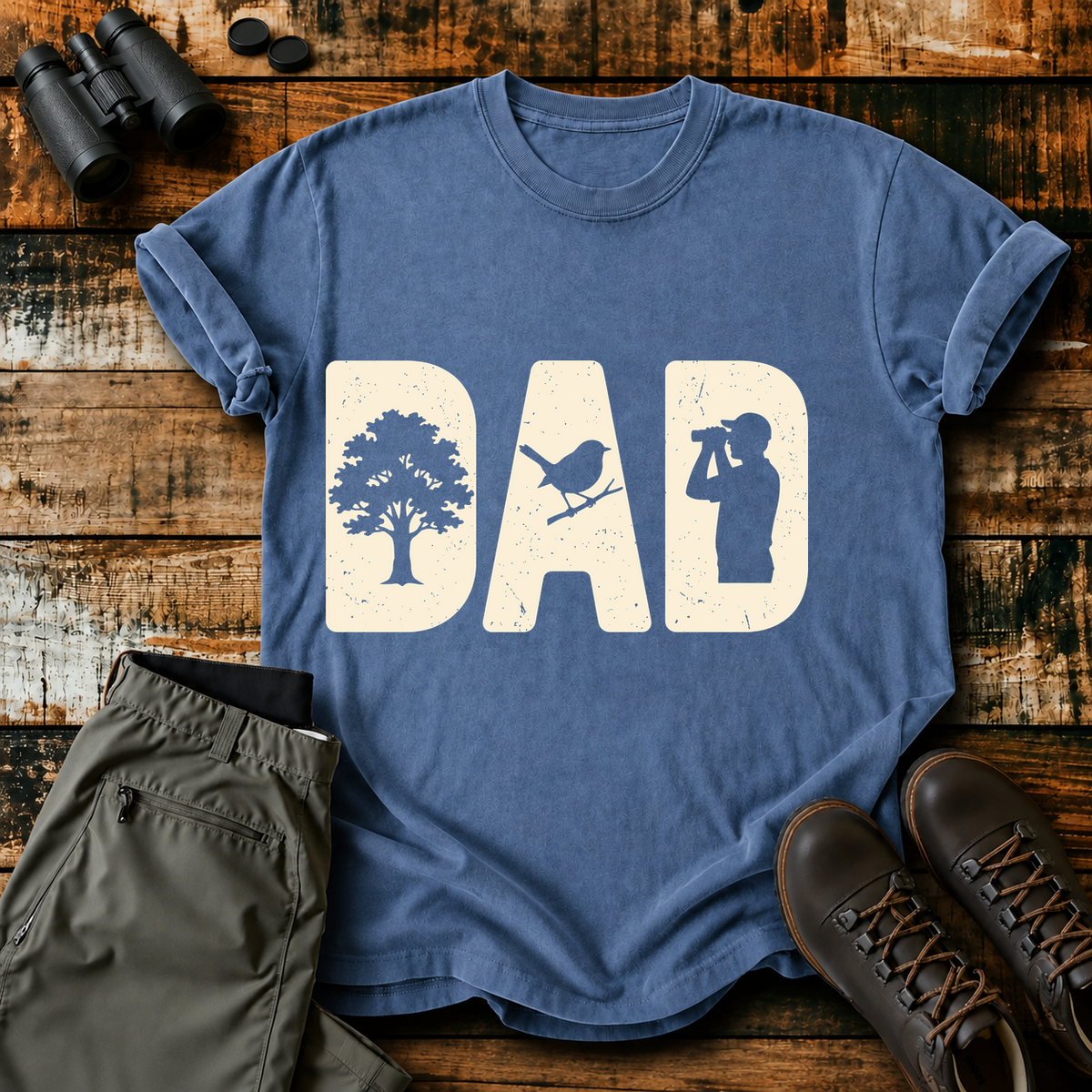 Bird Dad Silhouette Tee in Blue Jean, centered front design on a birdwatching flat-lay mockup