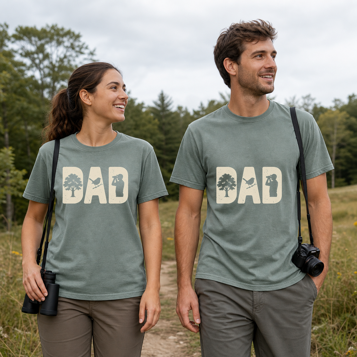 Female and male models wearing the Bird Dad Silhouette Tee in Bay, with the artwork centered on both shirts
