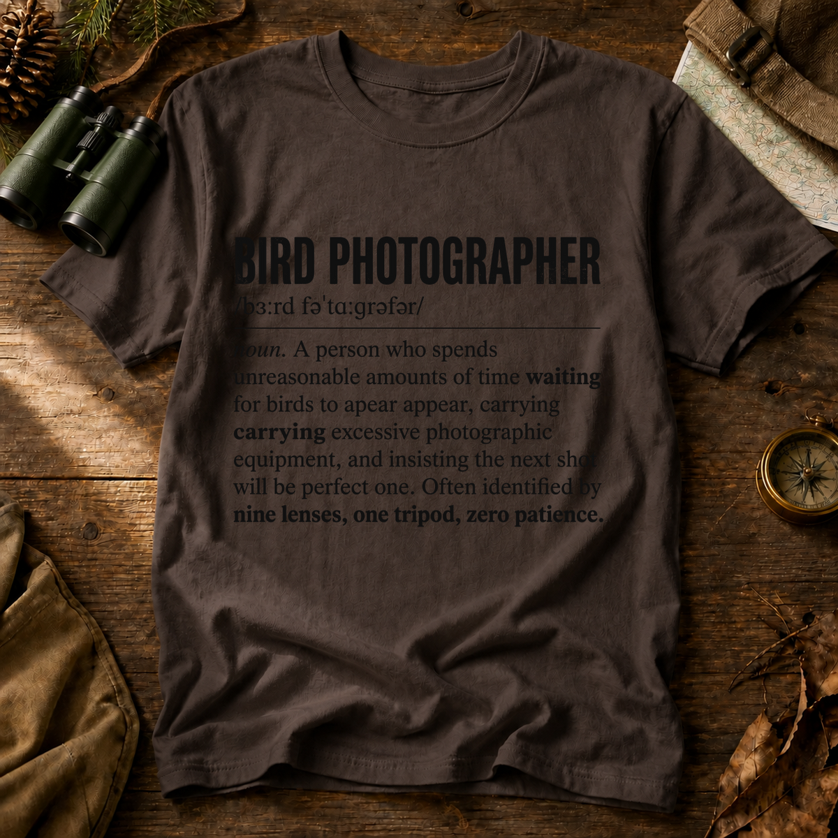 Bird Photographer Definition Tee in Espresso, centered front design on a birdwatching flat-lay mockup