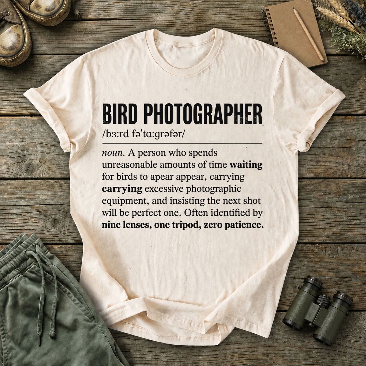 Bird Photographer Definition Tee in Ivory, centered front design on a birdwatching flat-lay mockup