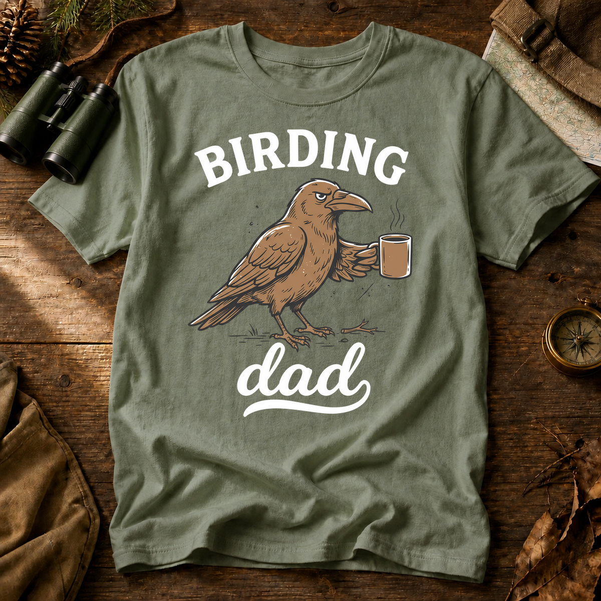 Birding Dad Coffee Bird Tee in Bay laid beside field gear