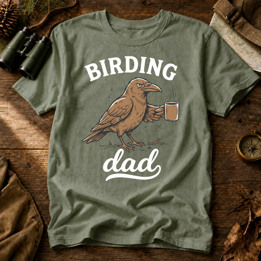 Birding Dad Coffee Bird Tee in Bay, centered front design on a birdwatching flat-lay mockup
