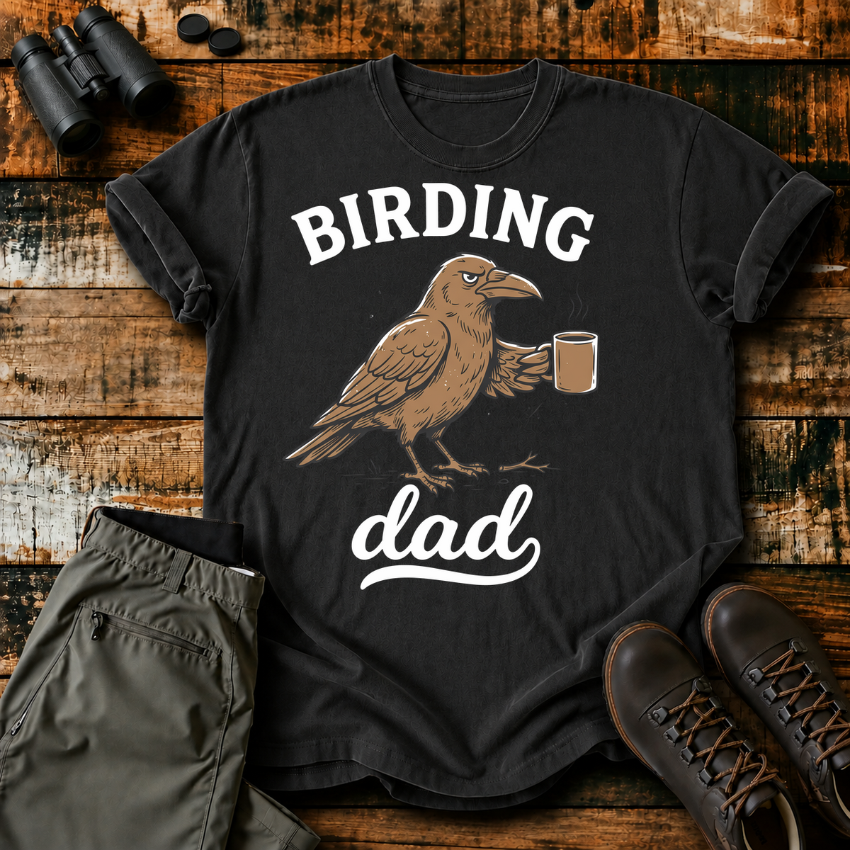 Birding Dad Coffee Bird Tee in Black, centered front design on a birdwatching flat-lay mockup