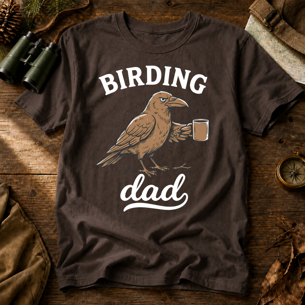 Birding Dad Coffee Bird Tee in Espresso, centered front design on a birdwatching flat-lay mockup