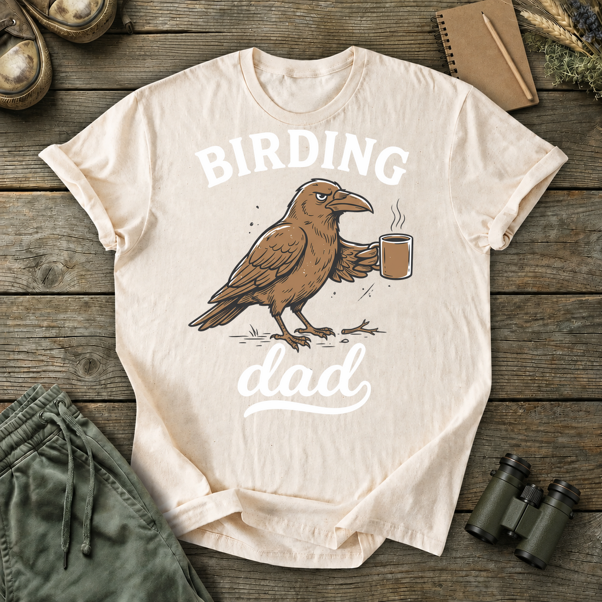 Birding Dad Coffee Bird Tee in Ivory, centered front design on a birdwatching flat-lay mockup