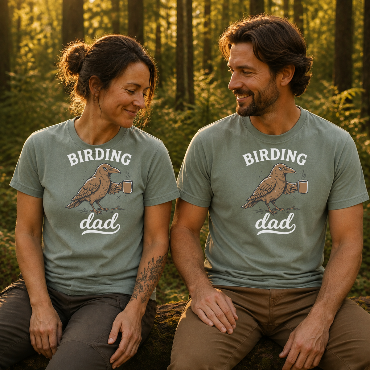Female and male models wearing the Birding Dad Coffee Bird Tee in Bay, with the artwork centered on both shirts