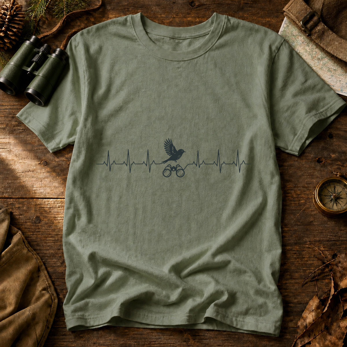 Birding Heartbeat Tee in Bay, centered front design on a birdwatching flat-lay mockup