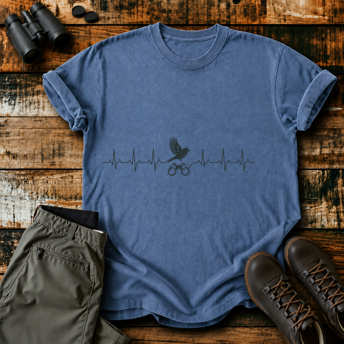 Birding Heartbeat Tee in Blue Jean, centered front design on a birdwatching flat-lay mockup