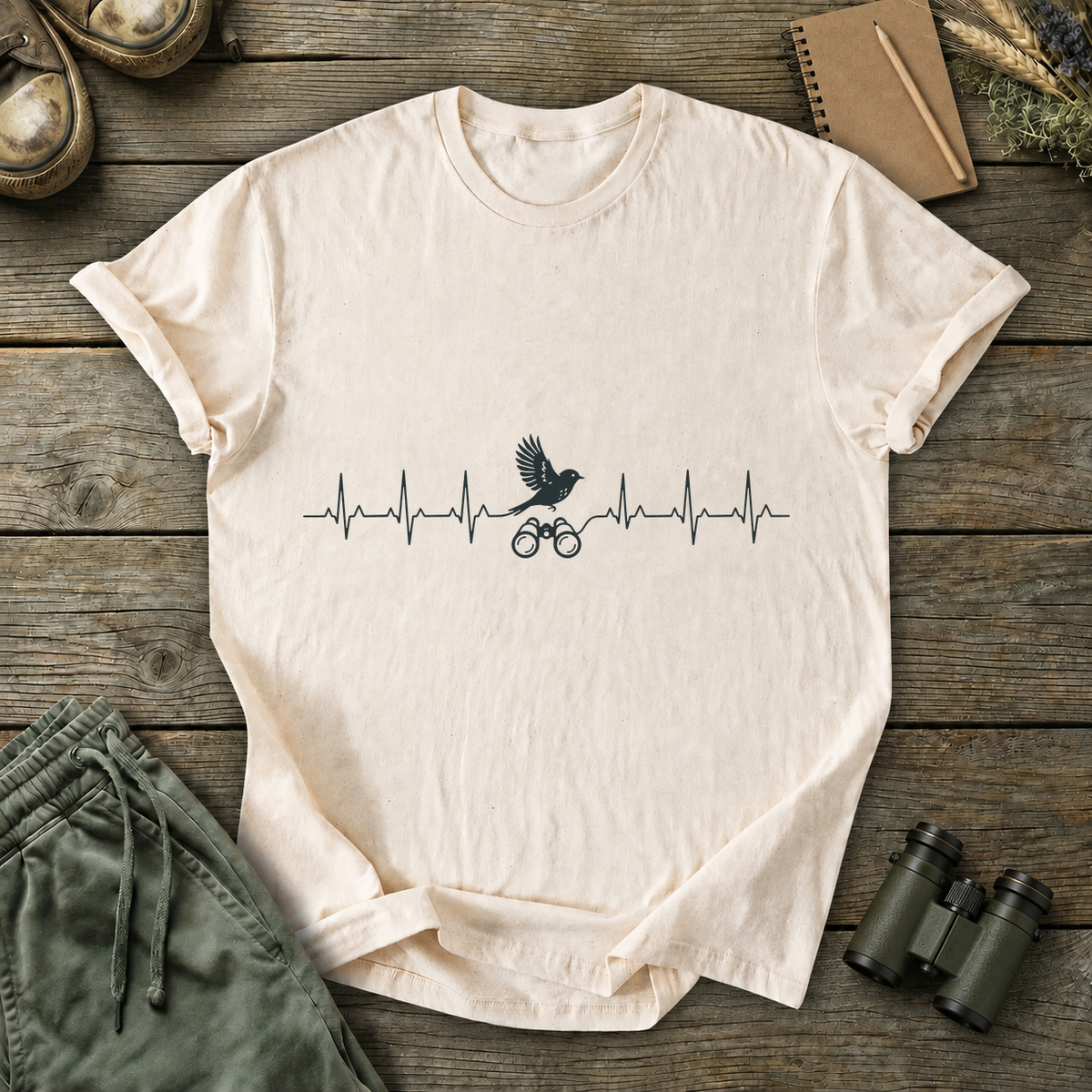 Birding Heartbeat Tee in Ivory, centered front design on a birdwatching flat-lay mockup