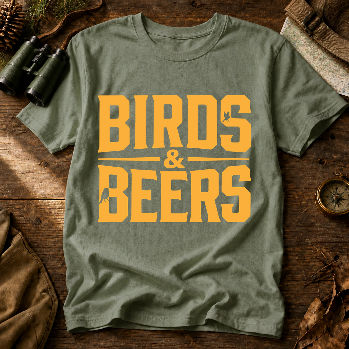 Birds & Beers Tee in Bay, centered front design on a birdwatching flat-lay mockup