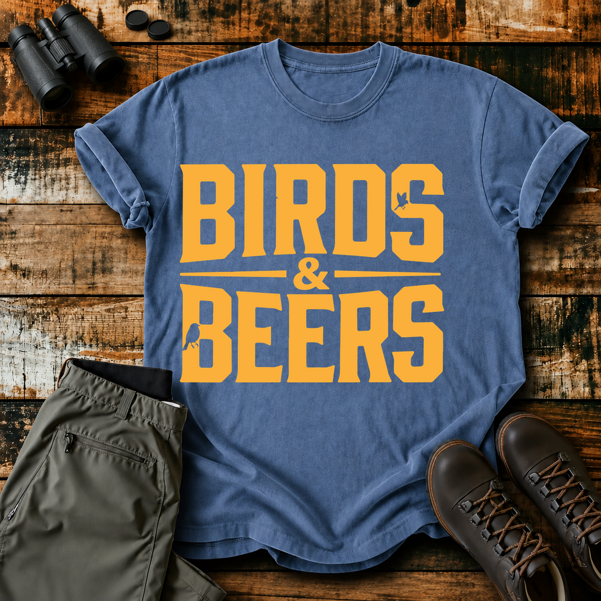 Birds & Beers Tee in Blue Jean, centered front design on a birdwatching flat-lay mockup